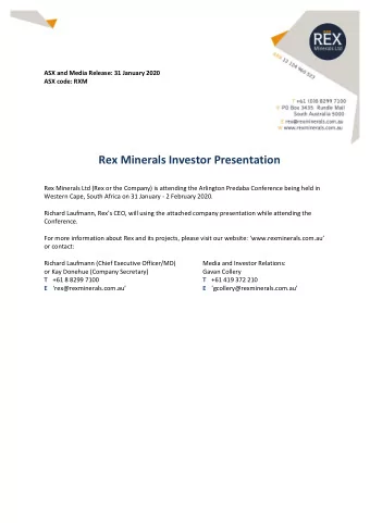 Rex Minerals Investor Presentation  Rex Minerals Ltd (Rex or the Company) is attending the