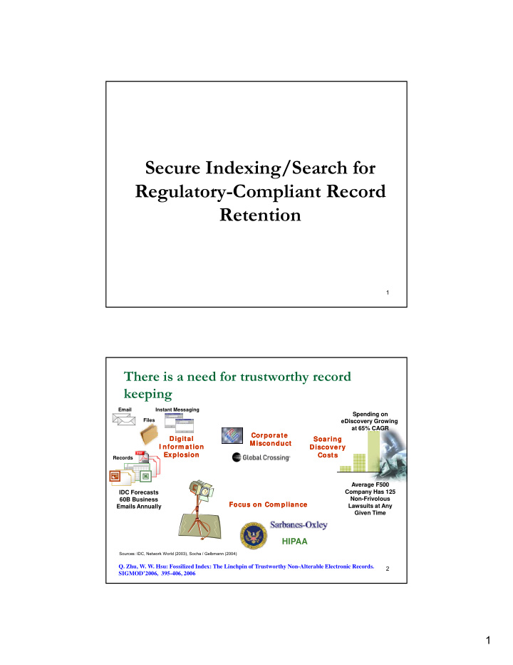 secure indexing search for regulatory compliant record