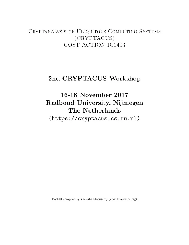 2nd cryptacus workshop 16 18 november 2017 radboud