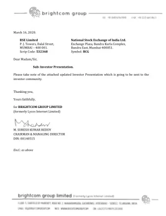 QN _ GW brightcom group FEL: #91 (40) 67449910  EEAX 491 (22) 66459677  March 16, 2020.  BSE