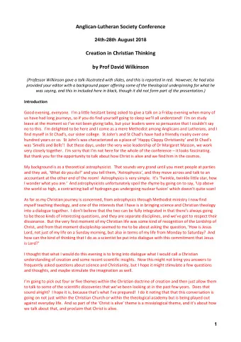 Anglican-Lutheran Society Conference  24th-28th August 2018  Creation in Christian Thinking  by