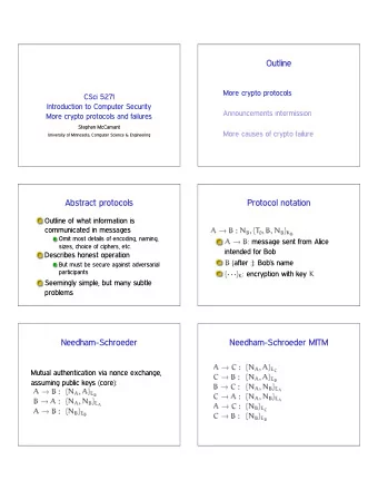 Outline  More crypto protocols  CSci 5271  Introduction to Computer Security  Announcements