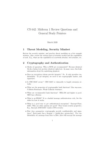 CS 642: Midterm 1 Review Questions and  General Study Pointers  March 2020  1  Threat Modeling,