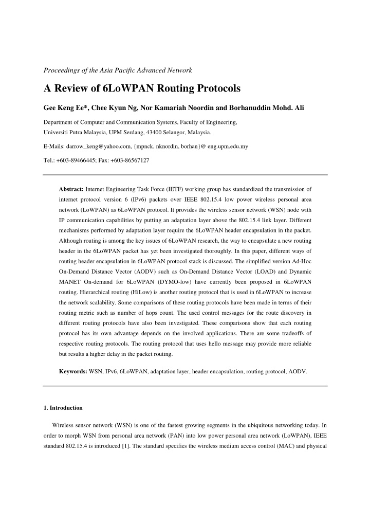 a review of 6lowpan routing protocols