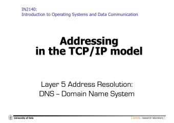 Addressing  in the TCP/IP model  Layer 5 Address Resolution:  DNS -- Domain Name System  University