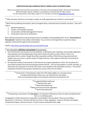 IDENTIFICATION AND CONSERVATION OF VERNAL POOLS IN PENNSYLVANIA  Notes to accompany the PowerPoint