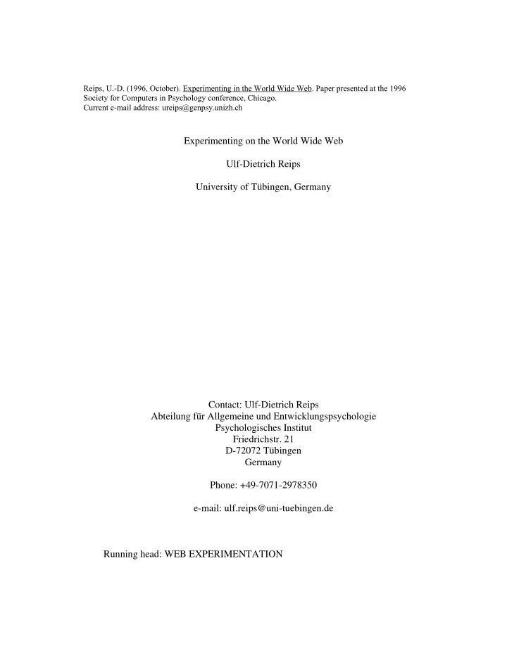 experimenting on the world wide web ulf dietrich reips