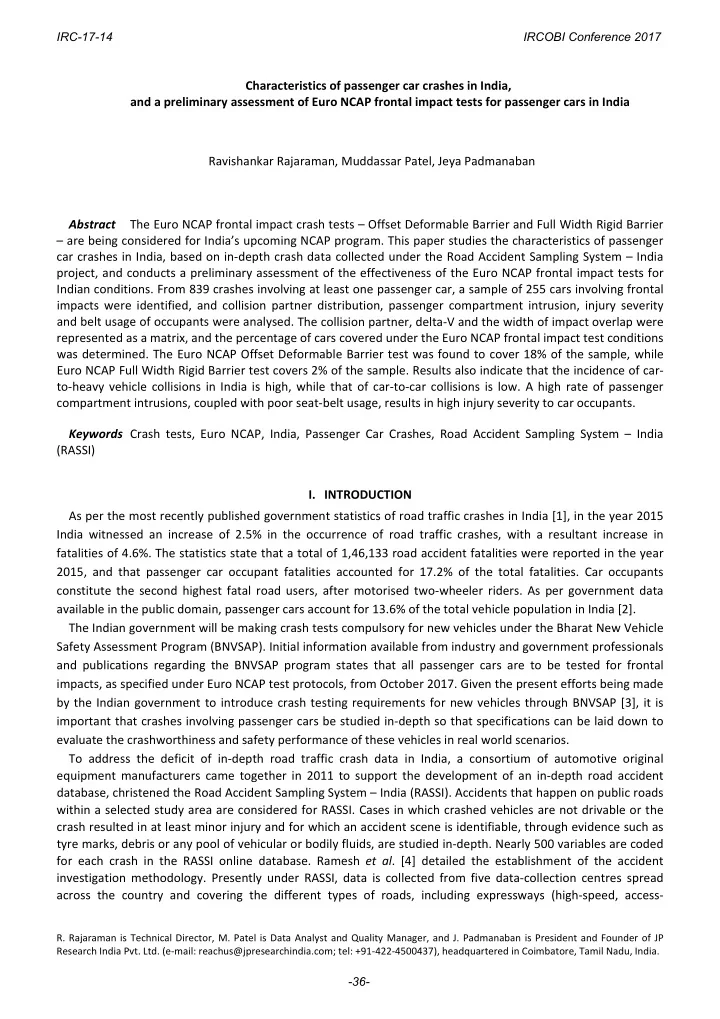 characteristics of passenger car crashes in india and a
