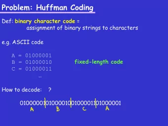 Problem: Huffman Coding Def: binary character code =  assignment of binary strings to characters