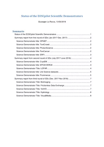 Status of the EOSCpilot Scientific Demonstrators  Giuseppe La Rocca, 13/03/2018  Sommario Status of