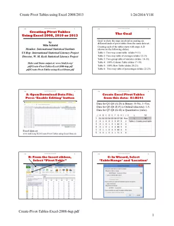 Create Pivot Tables using Excel 2008/2013  1/26/2016 V1H  Create Pivot Tables using Excel 2008  1