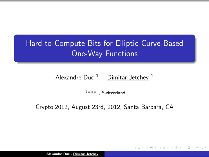 hard to compute bits for elliptic curve based one way