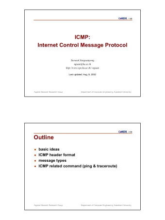 Outline  basic ideas  ICMP header format  message types  ICMP related command (ping