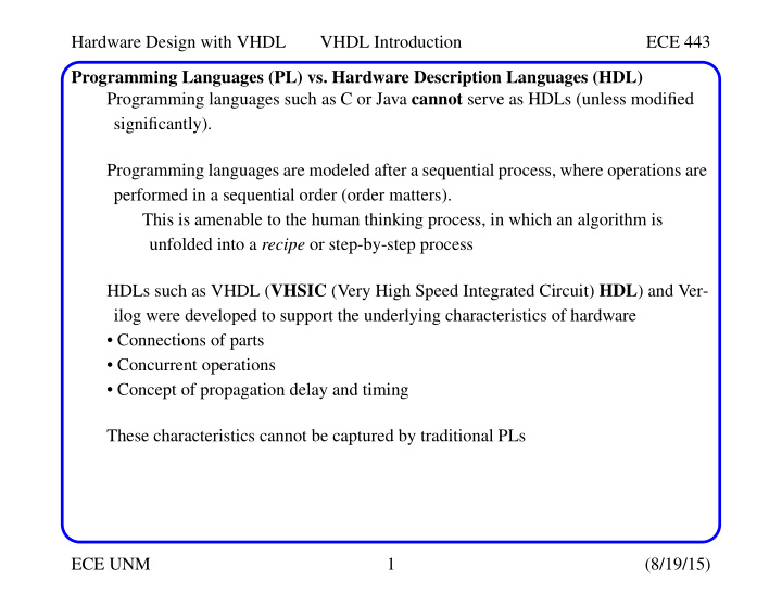 hardware design with vhdl vhdl introduction ece 443