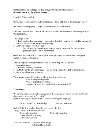 Mathematical Knowledge for Teaching: FoM and IME Conference Notes of Summary by Wayne Harvey  I