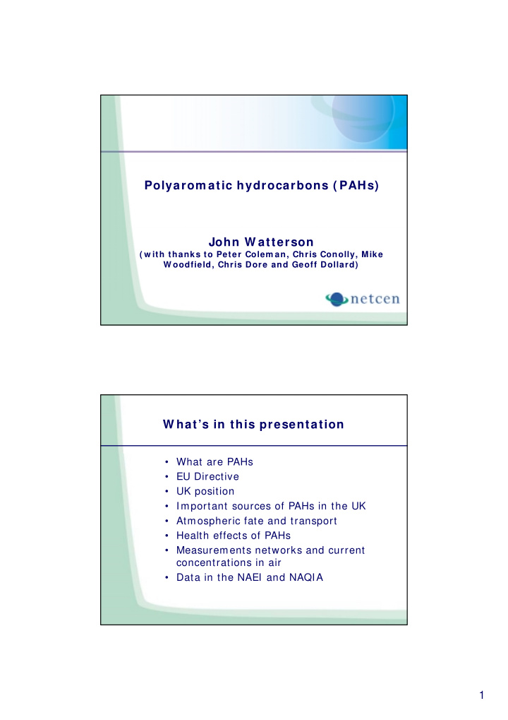 polyarom atic hydrocarbons pahs john w atterson