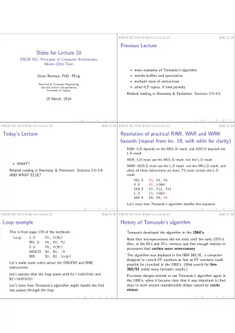 Previous Lecture  Slides for Lecture 20  ENCM 501: Principles of Computer Architecture  Winter 2014