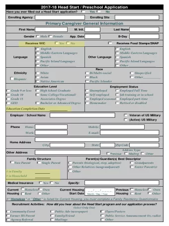 2017-18 Head Start / Preschool Application  Have you ever filled out a Head Start application?
