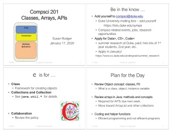 Compsci 201  Add yourself to compsci@duke.edu  Classes, Arrays, APIs  Duke University mailing
