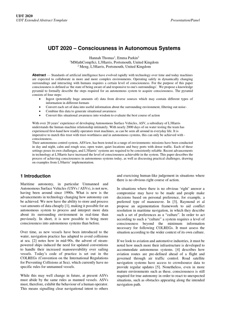 udt 2020 consciousness in autonomous systems
