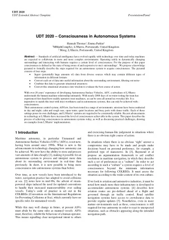 UDT 2020  Consciousness in Autonomous Systems Hannah Thomas 1 , Emma Parkin 2 1 MMathCompSci,