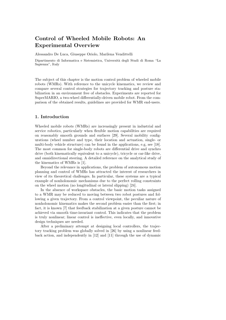 control of wheeled mobile robots an experimental overview