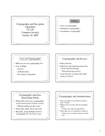 Outline  Cryptography and Encryption   Uses of cryptography  Algorithms   Symmetric