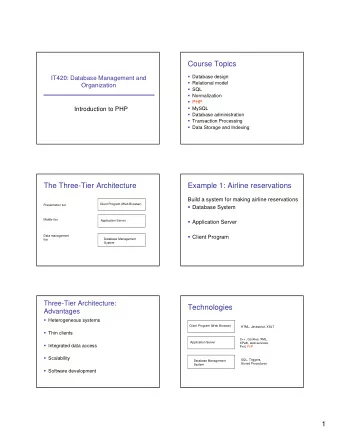 Course Topics  Database design  IT420: Database Management and  Relational model