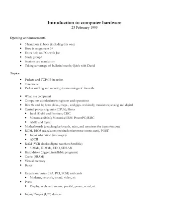 Introduction to computer hardware  23 February 1999  Opening announcements  3 handouts in back