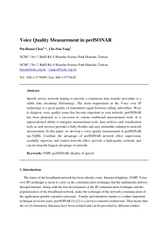 Voice Quality Measurement in perfSONAR Pin-Hsuan Chen 1, *,  Che-Nan Yang 2  NCHC / No.7, R&amp;D