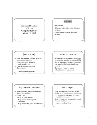 Outline   Introduction  Intrusion Detection   Characteristics of intrusion detection  CS 236