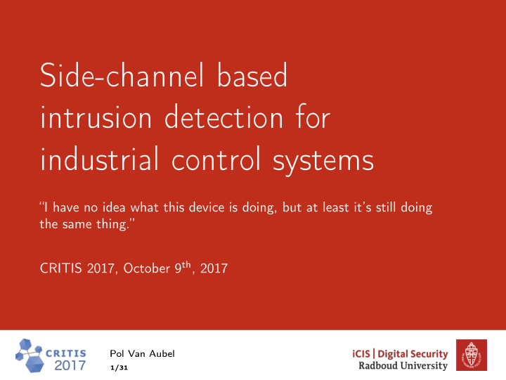 side channel based intrusion detection for industrial