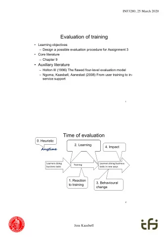 Evaluation of training   Learning objectives   Design a possible evaluation procedure for