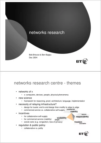 networks research  Bob Briscoe &amp; Ben Bappu  Dec 2004  networks research centre - themes