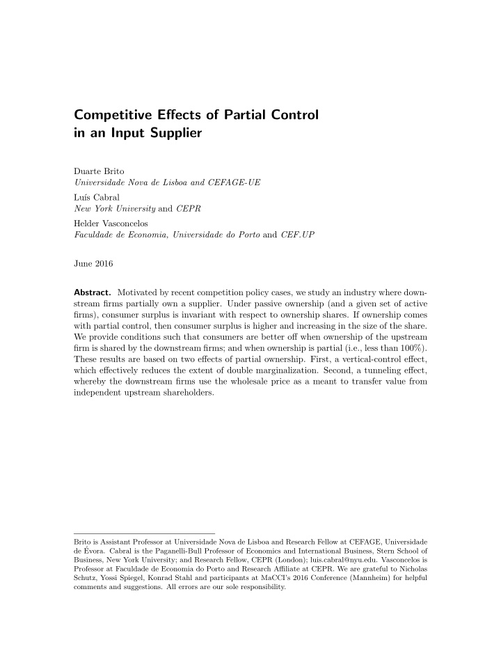 competitive effects of partial control in an input