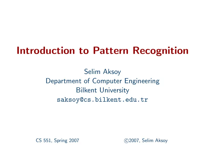 introduction to pattern recognition