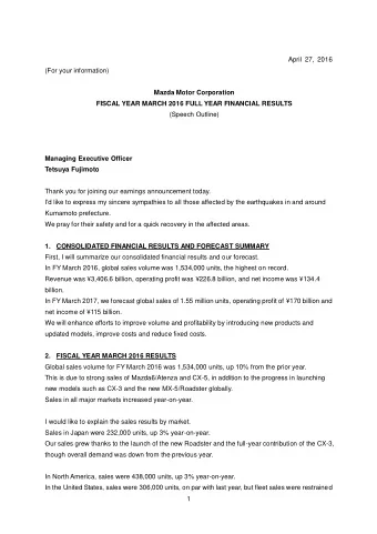 April 27, 2016  (For your information)  Mazda Motor Corporation  FISCAL YEAR MARCH 2016 FULL YEAR