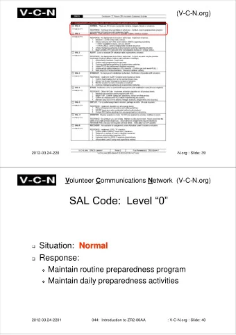 Situation: Normal  Normal  Response:  Maintain routine preparedness program  Maintain daily