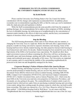 SUBMISSION TO CITY PLANNING COMMISSION  RE: UNIVERSITY PARKING STUDY OF JULY 14, 2020  By Keith