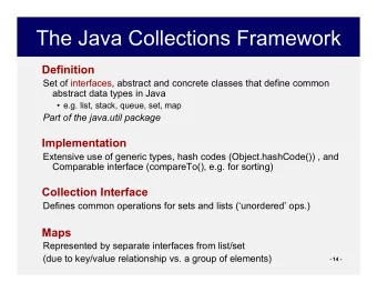 The Java Collections Framework  Definition  Set of interfaces, abstract and concrete classes that