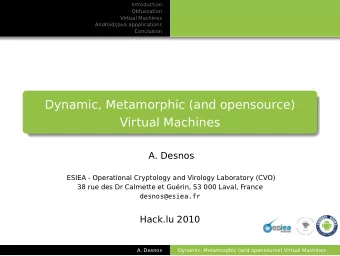 Dynamic, Metamorphic (and opensource)  Virtual Machines  A. Desnos  ESIEA - Operational Cryptology