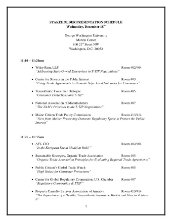 STAKEHOLDER PRESENTATION SCHEDULE Wednesday, December 18 th  George Washington University  Marvin