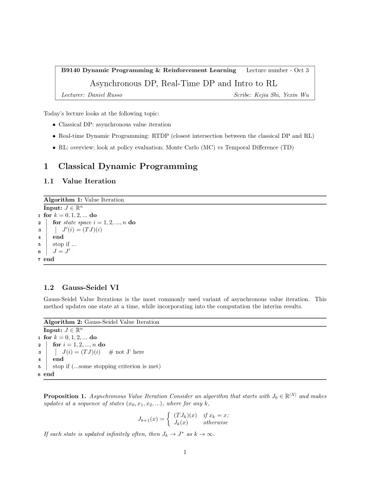asynchronous dp real time dp and intro to rl