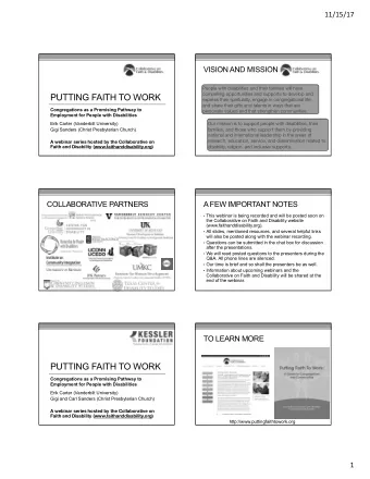 PUTTING FAITH TO WORK  express their spirituality, engage in congregational life,  and share their