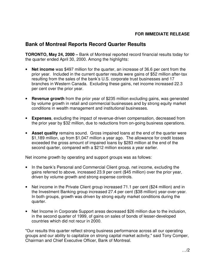 bank of montreal reports record quarter results