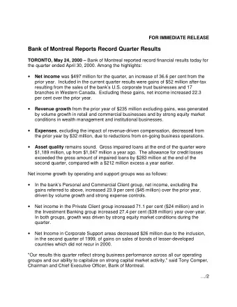 Bank of Montreal Reports Record Quarter Results TORONTO, May 24, 2000  Bank of Montreal reported