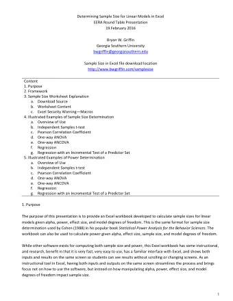 Determining Sample Size for Linear Models in Excel  EERA Round Table Presentation  19 February 2016