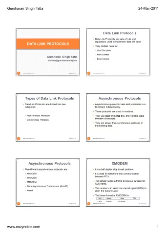 Gursharan Singh Tatla  24-Mar-2011  Data Link Protocols  Data Link Protocols are sets of rule