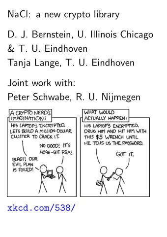 NaCl: a new crypto library  D. J. Bernstein, U. Illinois Chicago  &amp; T. U. Eindhoven  Tanja
