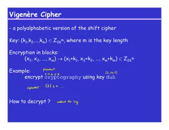Vigenre Cipher  - a polyalphabetic version of the shift cipher Key: (k 1 ,k 2 ,,k m )  Z